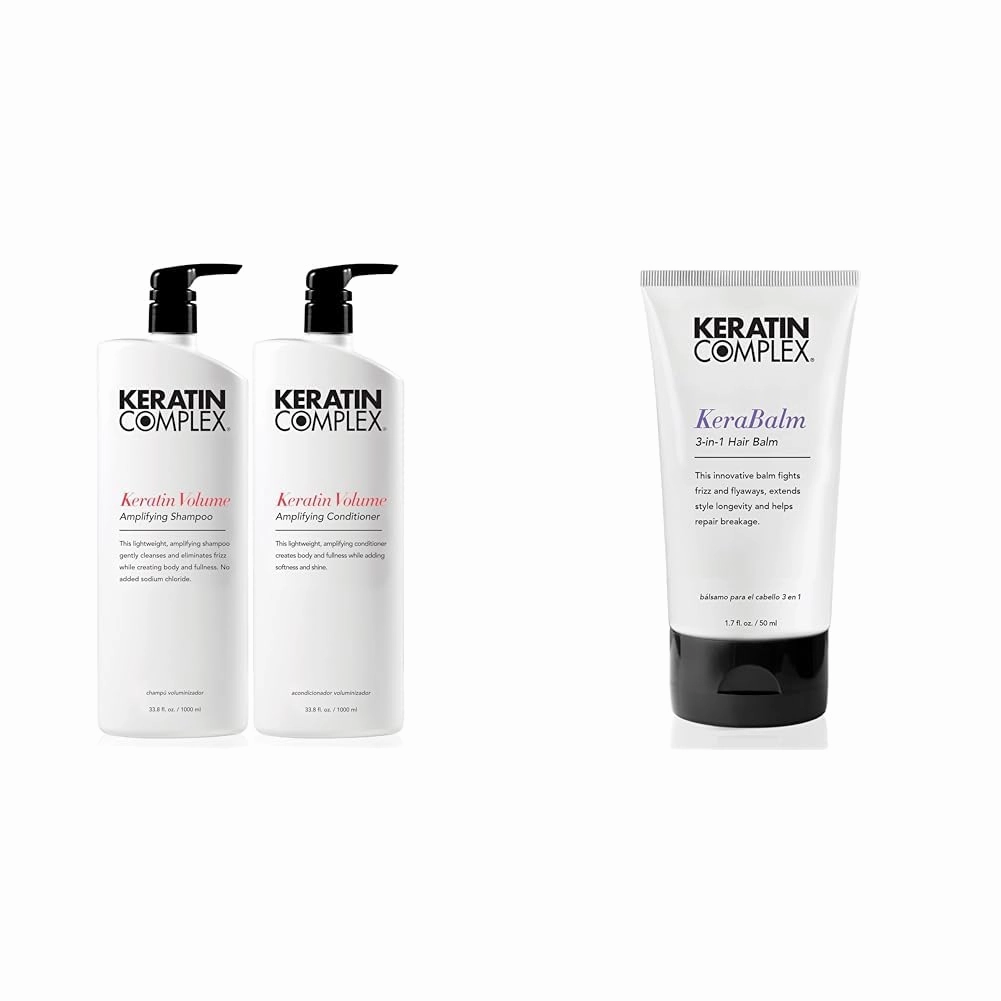 Keratin Complex - Keratin Volume Amplifying Shampoo & Conditioner Duo - 33.8 fl oz Each & Kerabalm 3-in-1 Hair Balm, 1.7 fl oz
