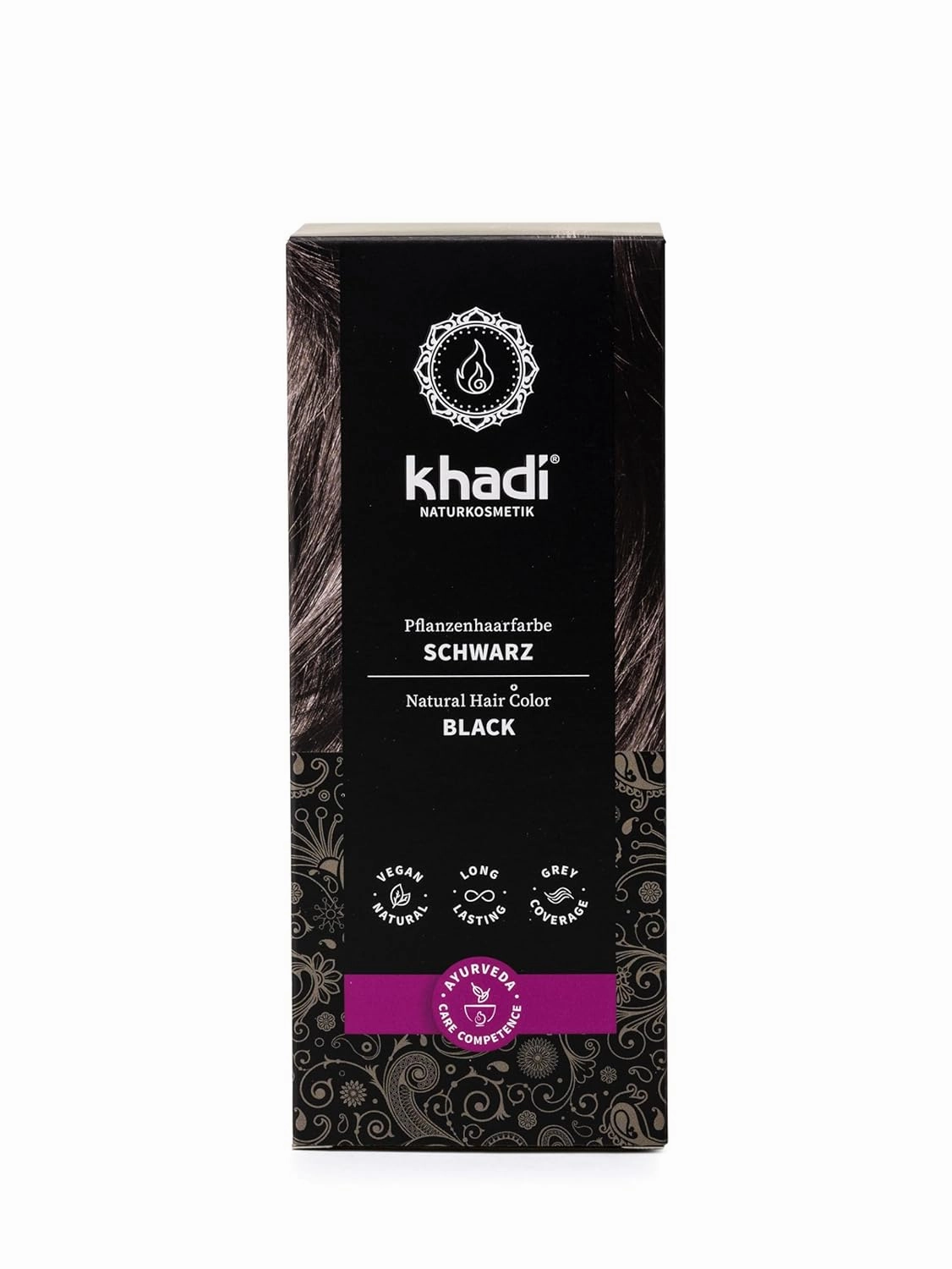khadi BLACK Natural Hair Color, 3.5oz, Plant based hair dye for warm expressive, warm black to intense raven black, 100% herbal, vegan, PPD & chemical free, natural cosmetic for healthy hair.