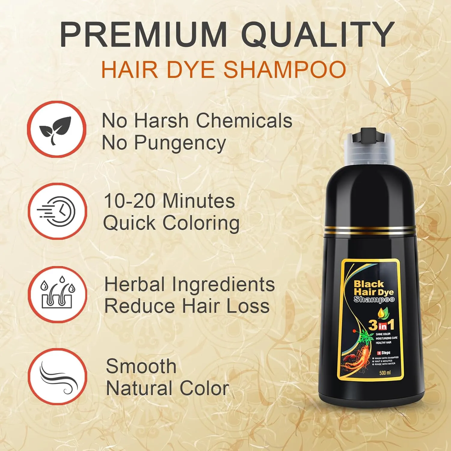KINGMING Black Hair Dye Shampoo for Gray Coverage - 3 in 1 Herbal Instant color with 100% Cover for Women & Men (500ml)