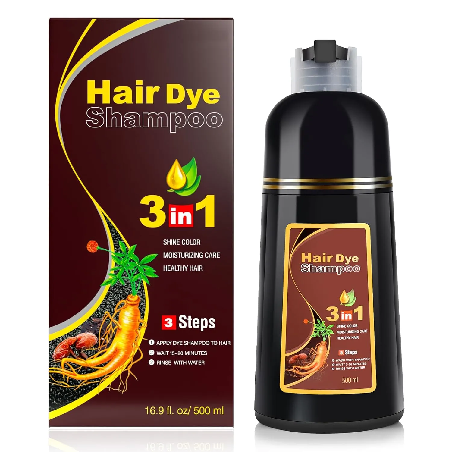KINGMING Brown Hair Dye Shampoo 3 in 1 - Natural Color for Coverage, Color Treated Hair, Champu Para Canas for Women & Men 500ml