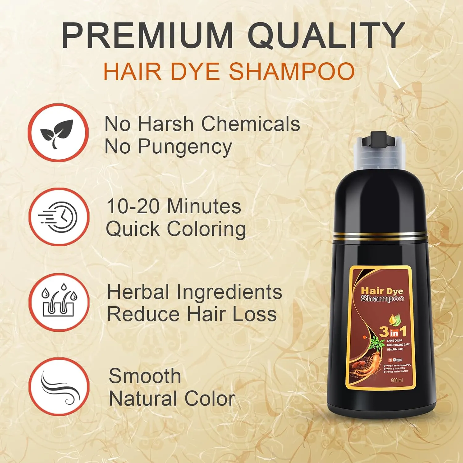 KINGMING Brown Hair Dye Shampoo 3 in 1 - Natural Color for Coverage, Color Treated Hair, Champu Para Canas for Women & Men 500ml