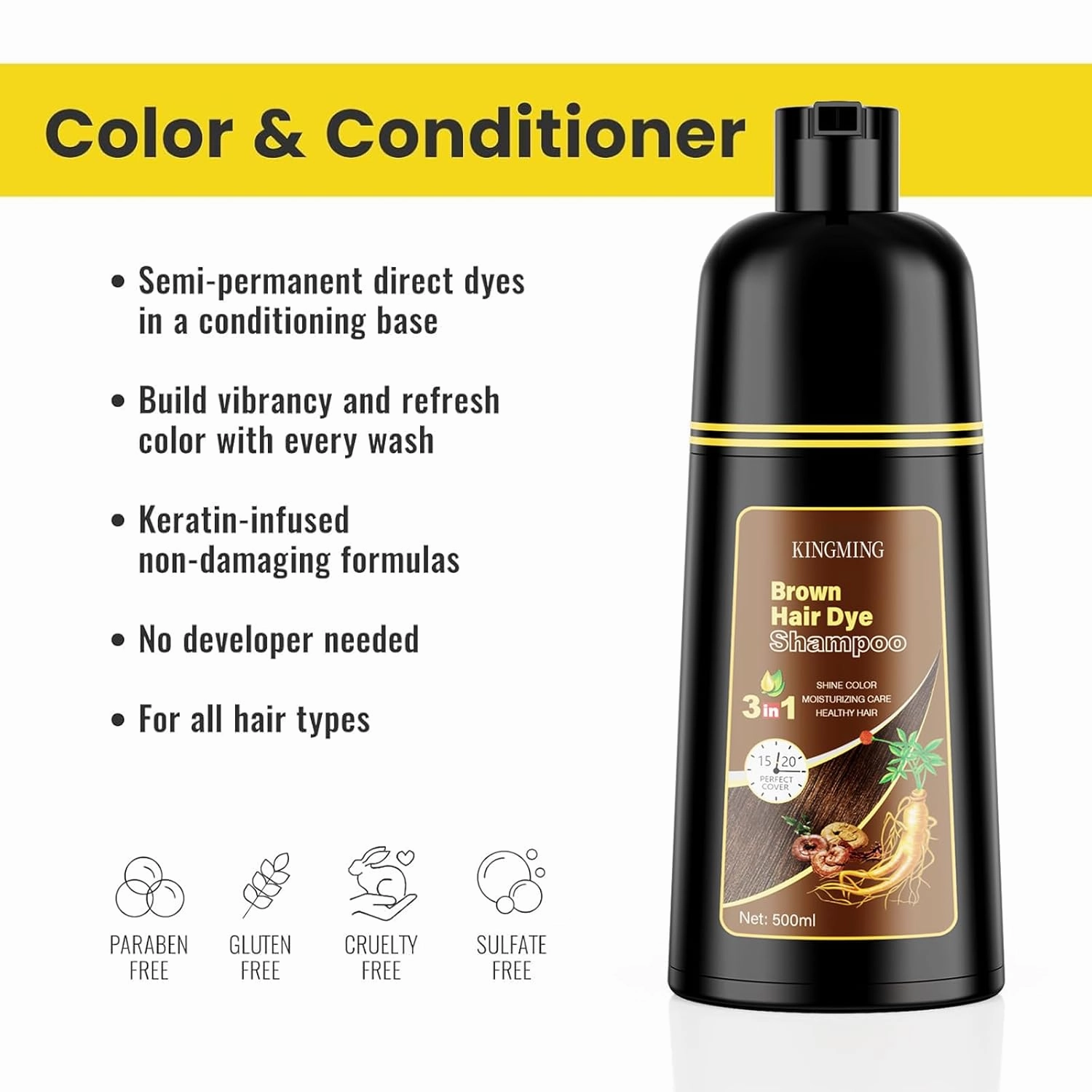 KINGMING Brown Hair Dye Shampoo 3 in 1 for Gray Hair, Hair Color Shampoo for Women Men Grey Hair Coverage, Herbal Ingredients Champu Con Tinte Para Canas 500ml (Brown)
