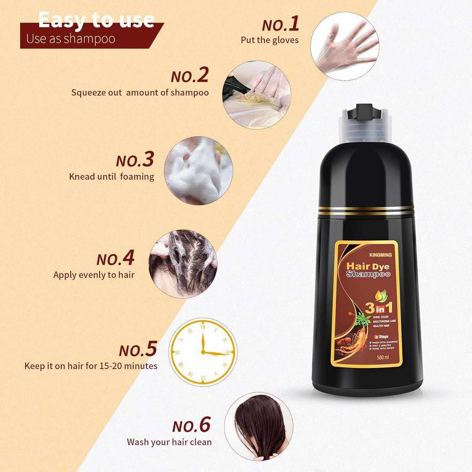 KINGMING Dark Brown Hair Dye Shampoo - 3 in 1 for Gray Coverage, Natural Color, and Champu Para Canas for Men and Women (500ml)