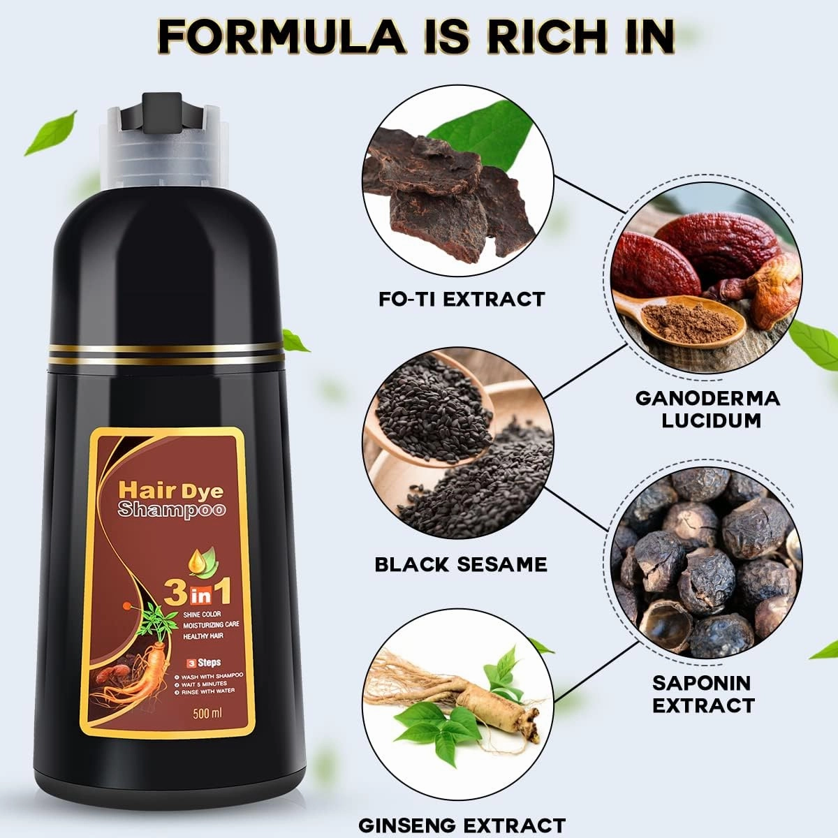 KINGMING Dark Brown Hair Dye Shampoo - 3 in 1 for Gray Coverage, Natural Color, and Champu Para Canas for Men and Women (500ml)