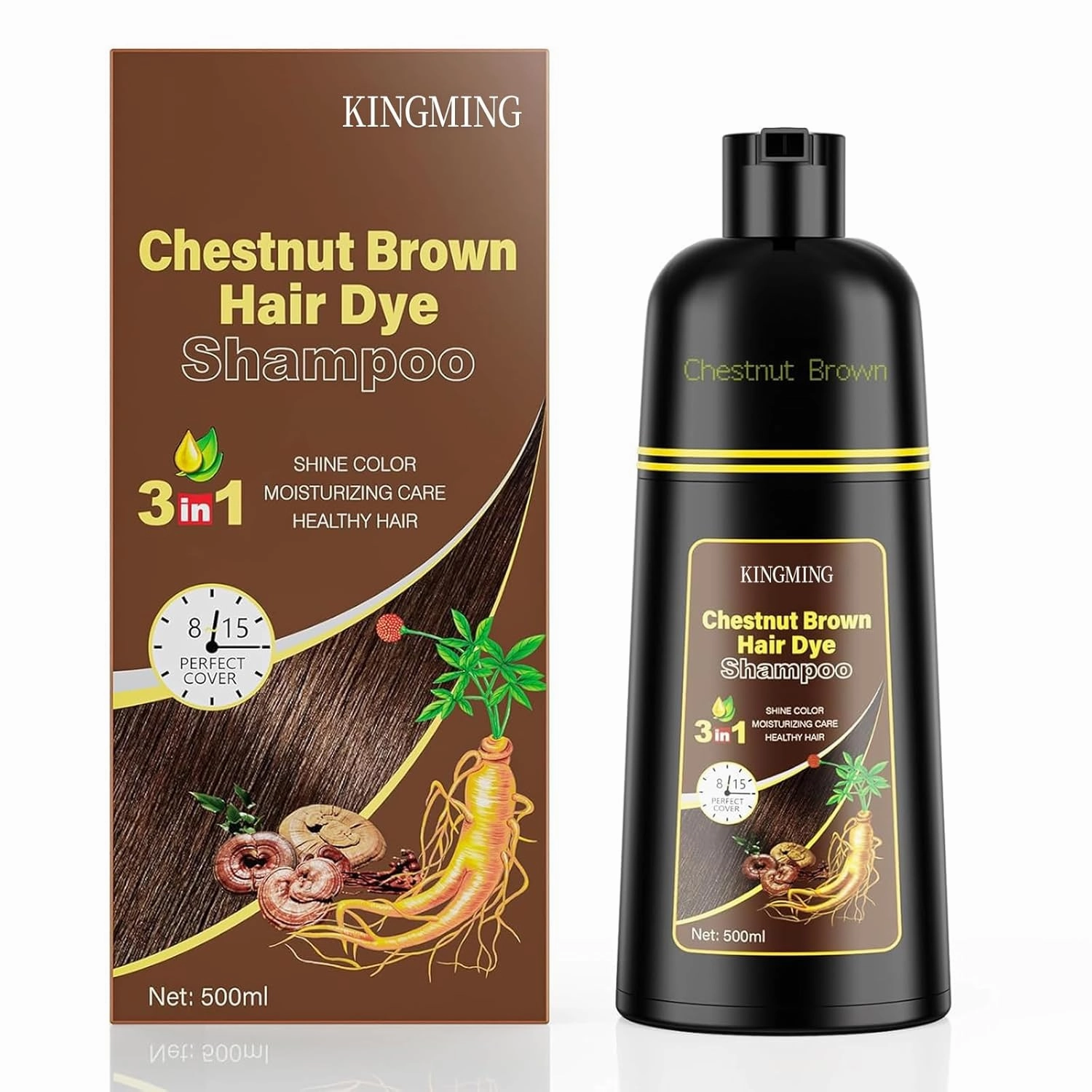KINGMING Shampoo 3 in 1 for Gray Hair, Chestnut Brown Color Shampoo for Women Men, 500ml