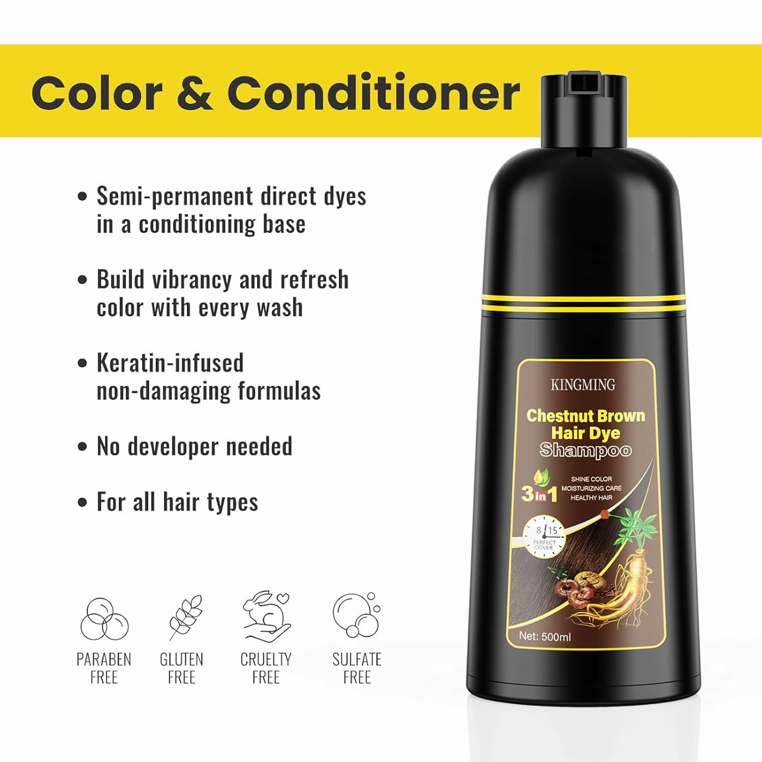 KINGMING Shampoo 3 in 1 for Gray Hair, Chestnut Brown Color Shampoo for Women Men, 500ml