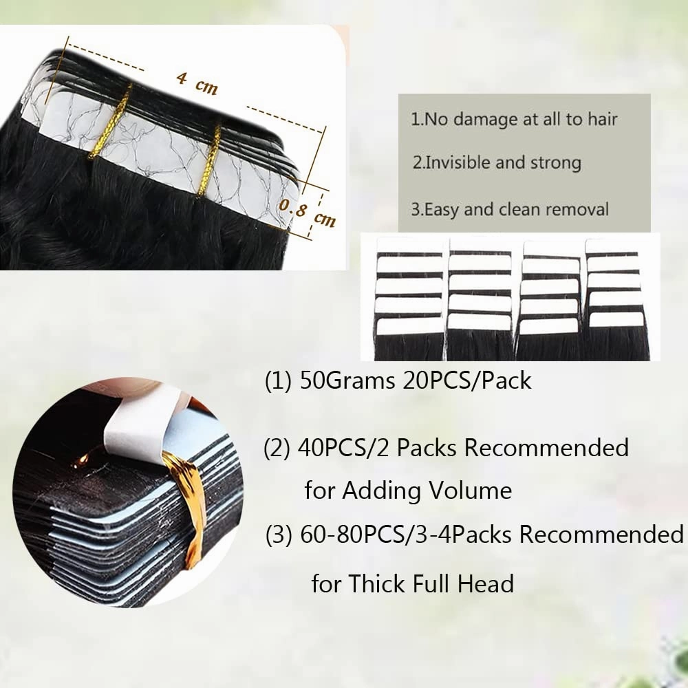 Kinky Straight Tape in Hair Extensions Human Hair, Black Natural Hair Kinky Straight Tape in Hair Extensions 18Inch Hair Extensions 20PCS 50g