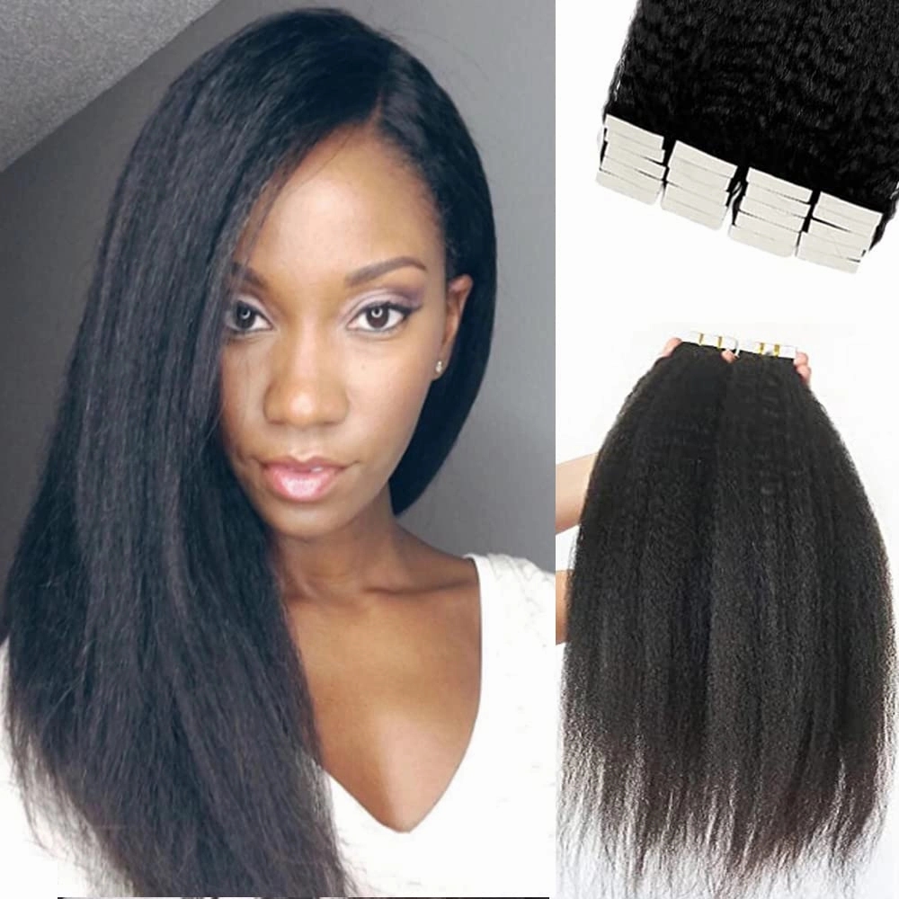 Kinky Straight Tape in Hair Extensions Human Hair, Black Natural Hair Kinky Straight Tape in Hair Extensions 18Inch Hair Extensions 20PCS 50g