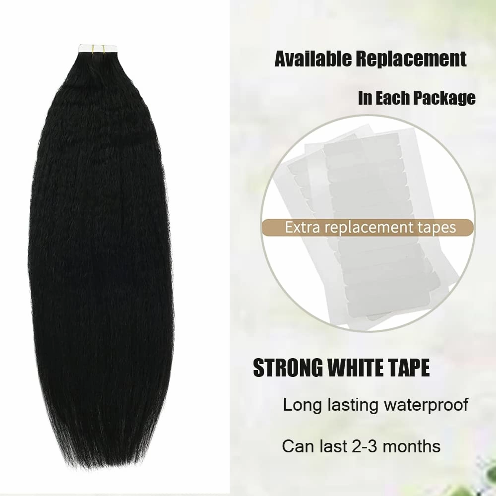 Kinky Straight Tape in Hair Extensions Human Hair, Black Natural Hair Kinky Straight Tape in Hair Extensions 18Inch Hair Extensions 20PCS 50g