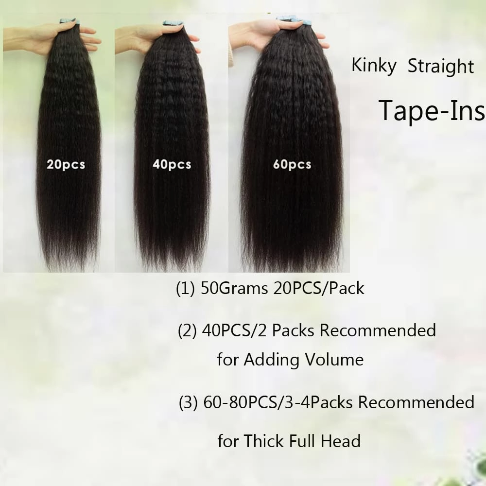Kinky Straight Tape in Hair Extensions Human Hair, Black Natural Hair Kinky Straight Tape in Hair Extensions 18Inch Hair Extensions 20PCS 50g
