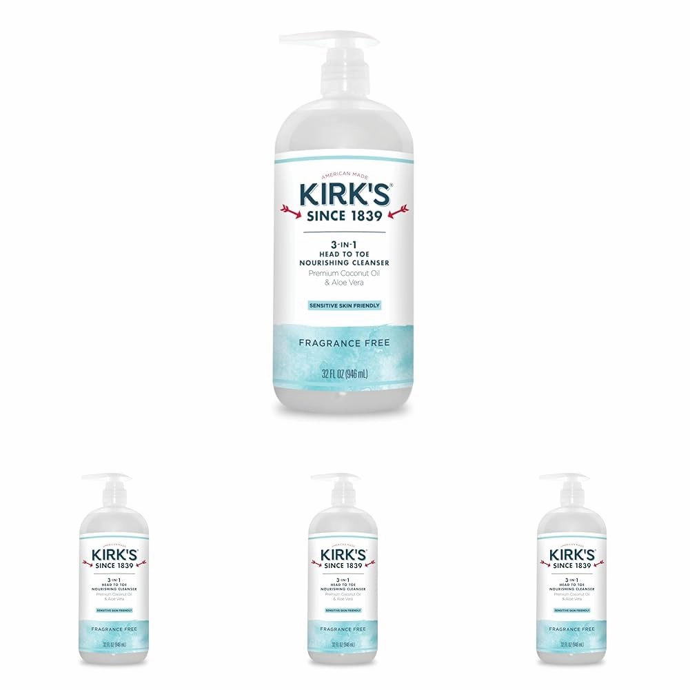 Kirk's 3-in-1 Castile Liquid Soap Fragrance Free Soap | Head-to-Toe Clean Shampoo, Face Soap & Body Wash for Men, Women & Children | 32 Fl Oz. (Pack of 4)