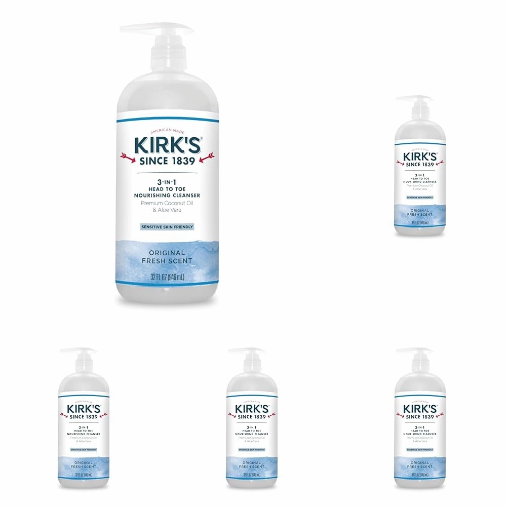 Kirk's 3-in-1 Head to Toe Nourishing Liquid Cleanser- for Men, Women & Children - Premium Coconut Oil & Aloe Vera- Non GMO & Vegan -Original Fresh Scent - 32 Fl Oz (Pack of 5)