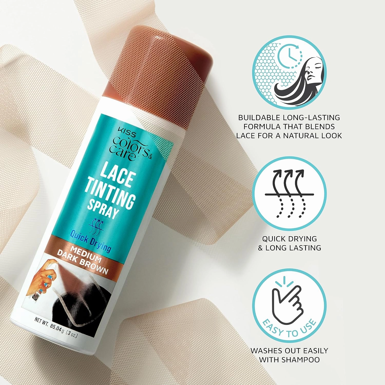 KISS Colors & Care Quick Drying Lace Tinting Spray, Medium Dark Brown, 3 oz. - Blends Lace Seamlessly, Washes Out Easily, Smudge-Free Formula, Sweat Resistant, Natural Look, Buildable Coverage