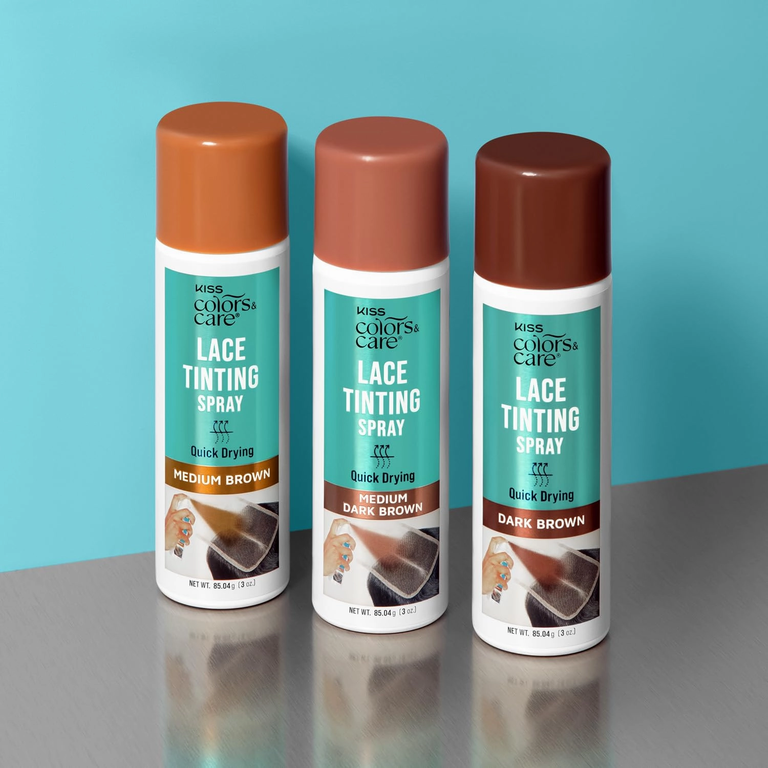 KISS Colors & Care Quick Drying Lace Tinting Spray, Medium Dark Brown, 3 oz. - Blends Lace Seamlessly, Washes Out Easily, Smudge-Free Formula, Sweat Resistant, Natural Look, Buildable Coverage