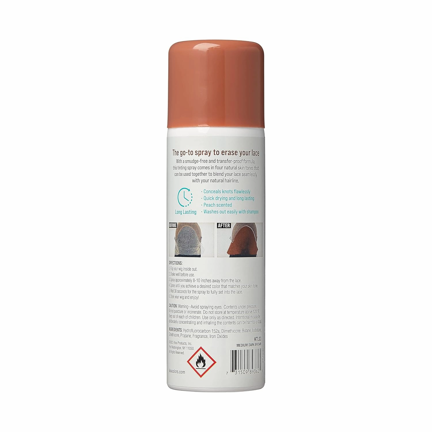 KISS Colors & Care Quick Drying Lace Tinting Spray, Medium Dark Brown, 3 oz. - Blends Lace Seamlessly, Washes Out Easily, Smudge-Free Formula, Sweat Resistant, Natural Look, Buildable Coverage