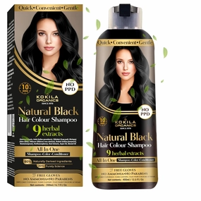 Kkkookillla NO PPD Shampoo Hair Colour - Black 400ml for Women and Men | Natural Extracts | Colours Hair in 10 Minutes | Ammonia Free, Paraben Free - 10 Pair Free Gloves