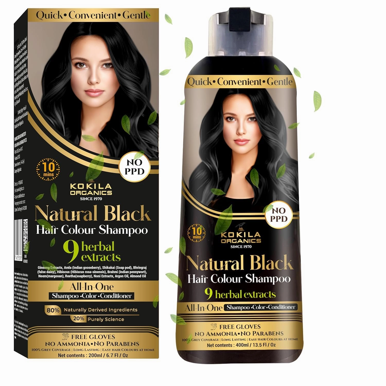 Kkkookillla NO PPD Shampoo Hair Colour - Black 400ml for Women and Men | Natural Extracts | Colours Hair in 10 Minutes | Ammonia Free, Paraben Free - 10 Pair Free Gloves