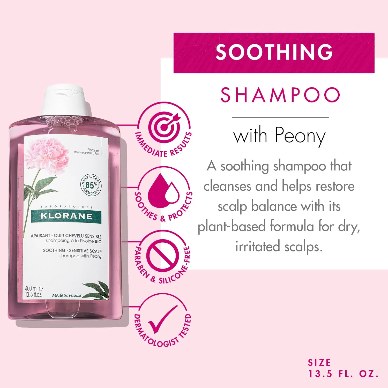 Klorane Shampoo with Peony, Soothing Relief for Dry Itchy Flaky Sensitive Scalp, pH Balanced, Provides Scalp Comfort