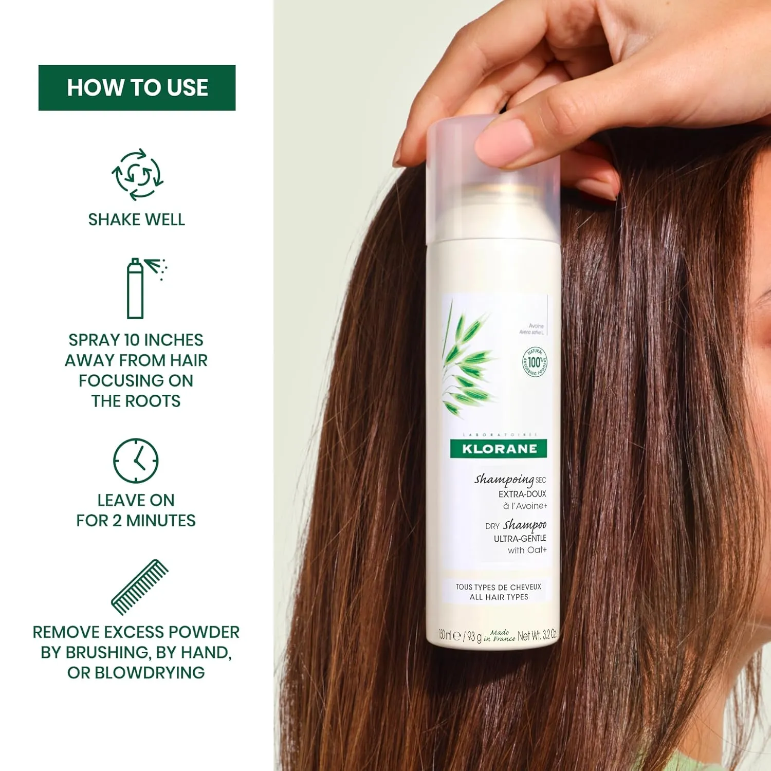 Klorane Ultra Gentle Dry Shampoo with Oat  - Gentle Formula - Instantly Revives Hair and Eliminates Odor, Dirt, and Oils - Hypoallergenic & Vegan - Paraben & Sulfate-Free