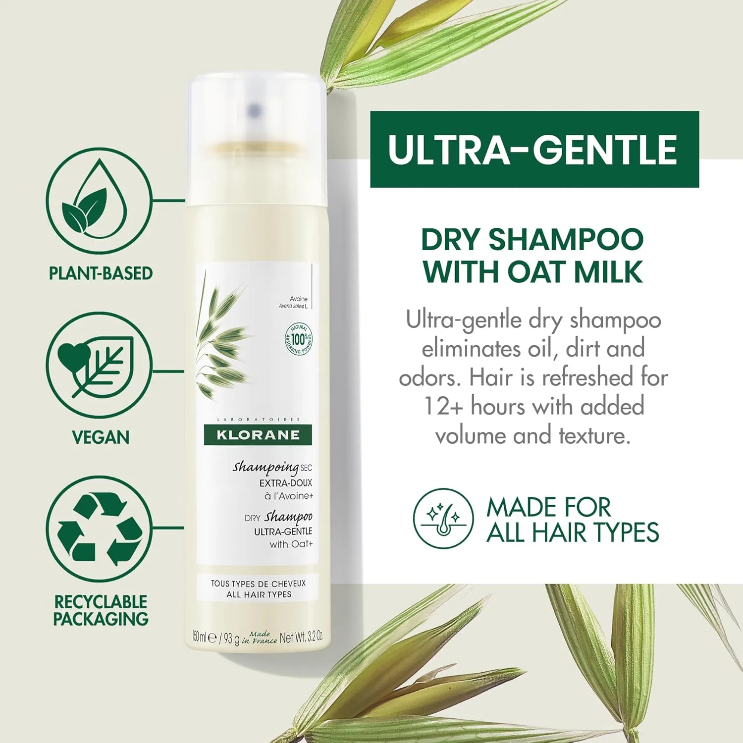 Klorane Ultra Gentle Dry Shampoo with Oat  - Gentle Formula - Instantly Revives Hair and Eliminates Odor, Dirt, and Oils - Hypoallergenic & Vegan - Paraben & Sulfate-Free