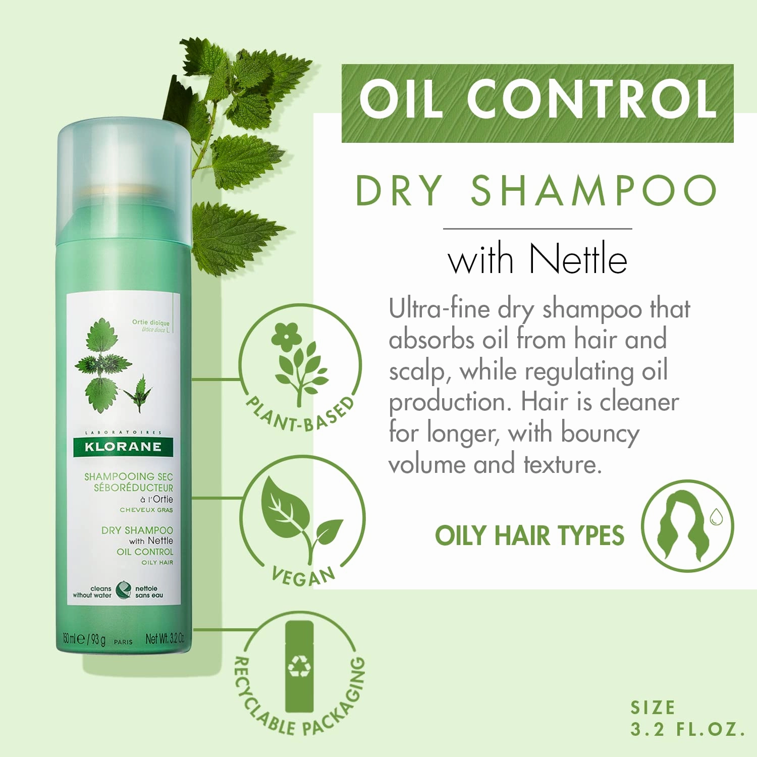 Klorane Dry Shampoo with Nettle for Oily Hair and Scalp, Regulates Oil Production, Paraben & Sulfate-Free, 3.2 oz.