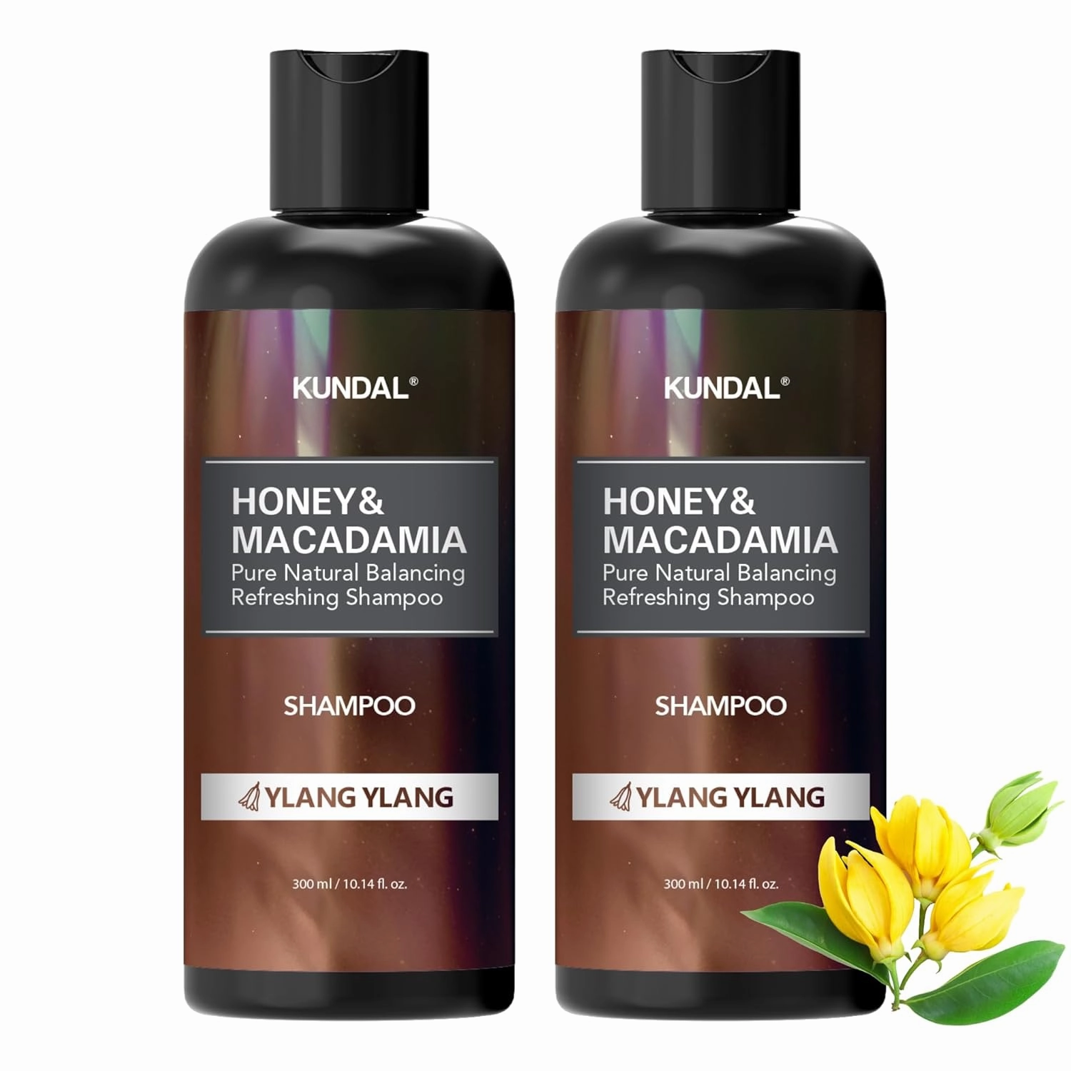 KUNDAL Natural Hair Shampoo [Ylang Ylang Scent] Ultimate Damage Hair Repair Strengthen, Nourish dry, with Honey, Argan Oil, Macadamia Oil, Free Paraben & Sulfate 600ml (300ml x2ea) 20.28 Fl Oz
