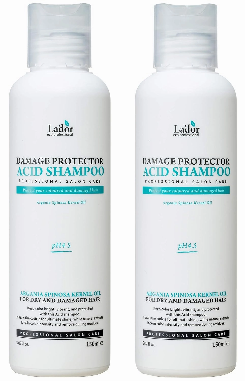 LA'DOR Damage Protector Acid Shampoo (2x 5.07 fl.oz.) - 4.5 pH Acidic Formulation for Hair and Scalp pH Balance, Helps Neutralize Alkaline pH from Dyes and Bleaching LADOR