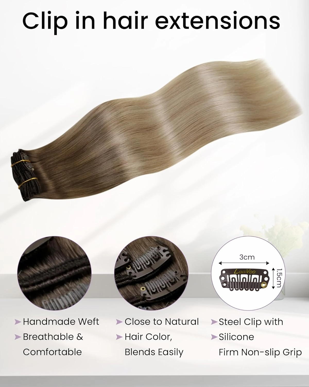 LaaVoo Clip in Hair Extensions Real Human Hair Light Brown to Ash Blonde Mix Platinum Blonde Balayage Human Hair Clip in Extensions Blonde Ombre Hair Extensions Clip ins 20 Inch 5pcs/80g