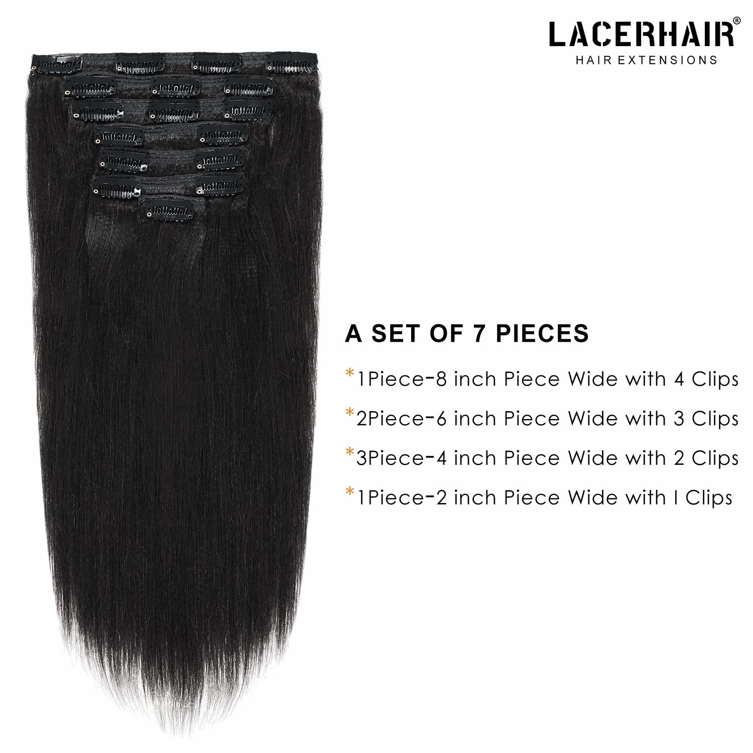 Lacer Soft Real Remy Thick Yaki Clip in Hair Extensions Human Hair, Jet Black 18inch Yaki Straight Human Hair Clip ins for African American Black Women Relaxed Hair 7 Pieces 120G with 17 Clips