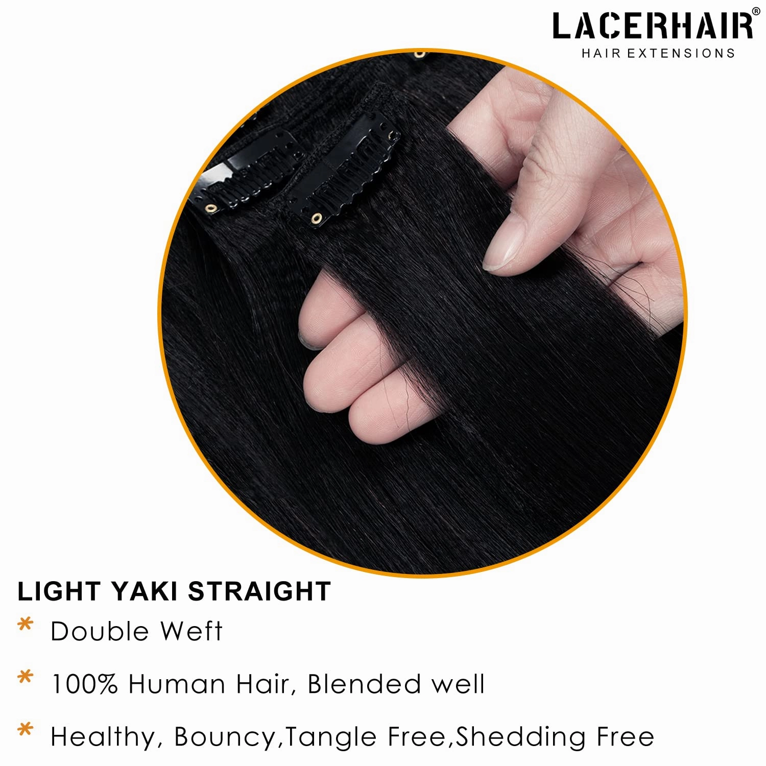 Lacer Soft Real Remy Thick Yaki Clip in Hair Extensions Human Hair, Jet Black 18inch Yaki Straight Human Hair Clip ins for African American Black Women Relaxed Hair 7 Pieces 120G with 17 Clips