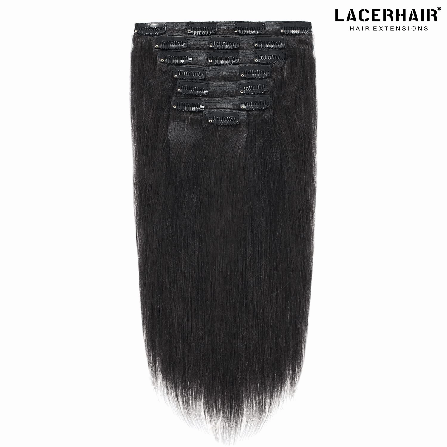 Lacer Soft Real Remy Thick Yaki Clip in Hair Extensions Human Hair, Jet Black 18inch Yaki Straight Human Hair Clip ins for African American Black Women Relaxed Hair 7 Pieces 120G with 17 Clips