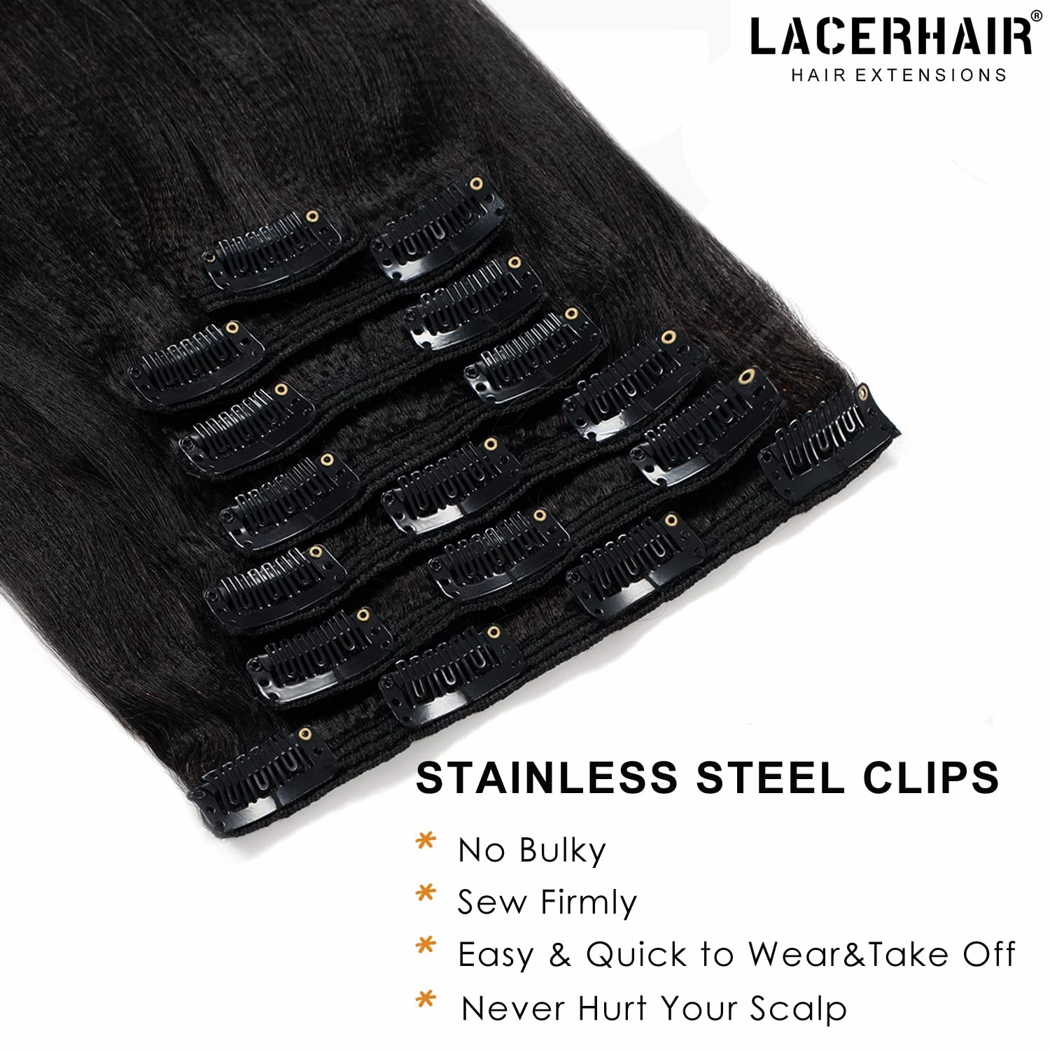 Lacer Soft Real Remy Thick Yaki Clip in Hair Extensions Human Hair, Jet Black 18inch Yaki Straight Human Hair Clip ins for African American Black Women Relaxed Hair 7 Pieces 120G with 17 Clips