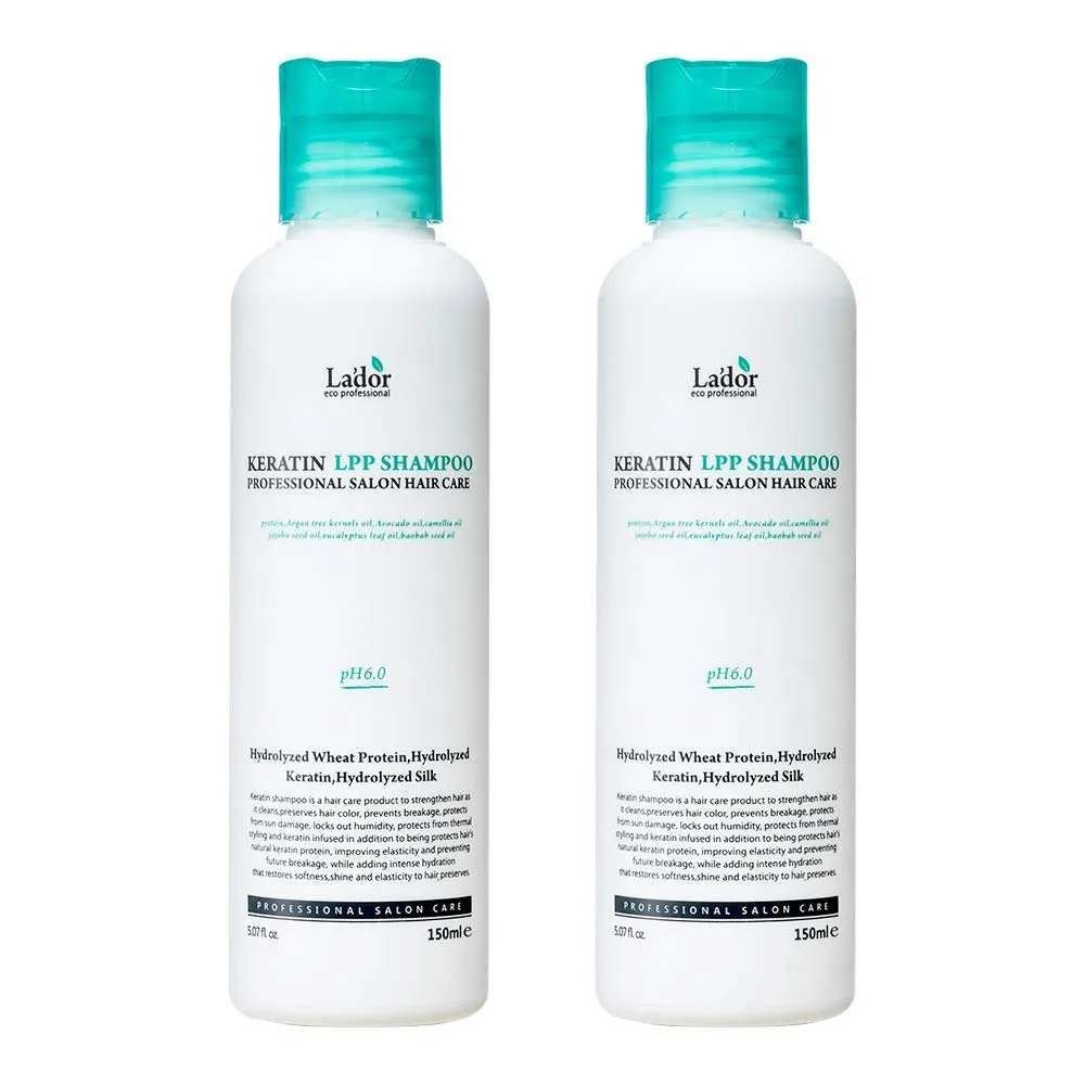 LA'DOR Keratin LPP Damage Care Shampoo w/Proteins & Plant Oils - pH Balanced Sub Acidic for Dry Damaged Frizzy Coarse Thinning Hair - NO Silicone, Paraben, Sulfate, Alcohol 5.07 Fl Oz (2pcs) LADOR