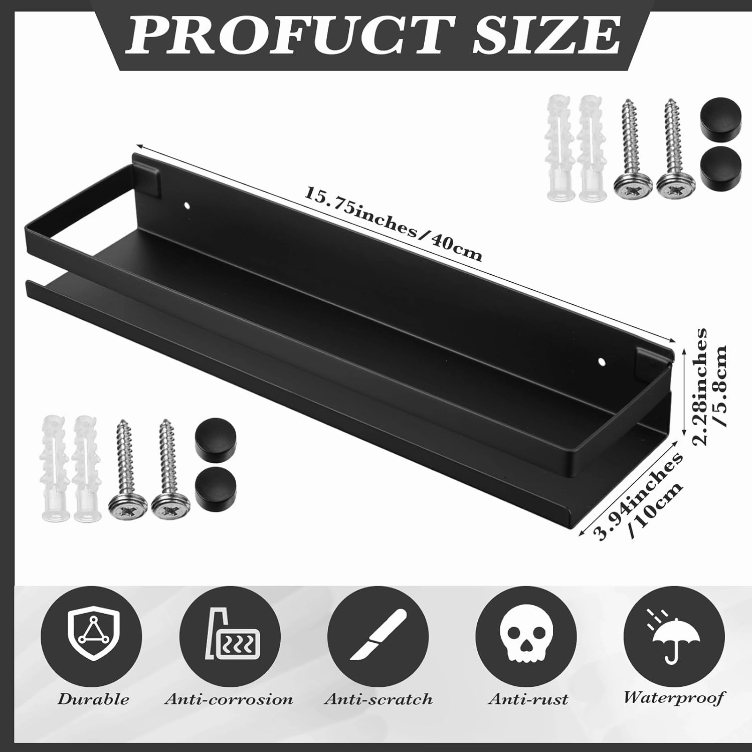 Lallisa 2 Pieces Stainless Steel Shelf Bathroom Shower Floating Shelves Wall Mounted Shower Caddy Basket Shelf Storage Organizer Shelves for Bathroom, Kitchen, Living Room (Black,15.75 Inch/ 40 cm)