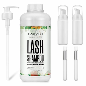 Lash Shampoo Bulk, Eyelash Cleanser for Extensions 1 Liter - 2 Foam Pump Bottles, 2 Lash Cleansing Brushes, Dispenser Pump - Eyelid Foaming Cleanser for Professional Salon and Home Use
