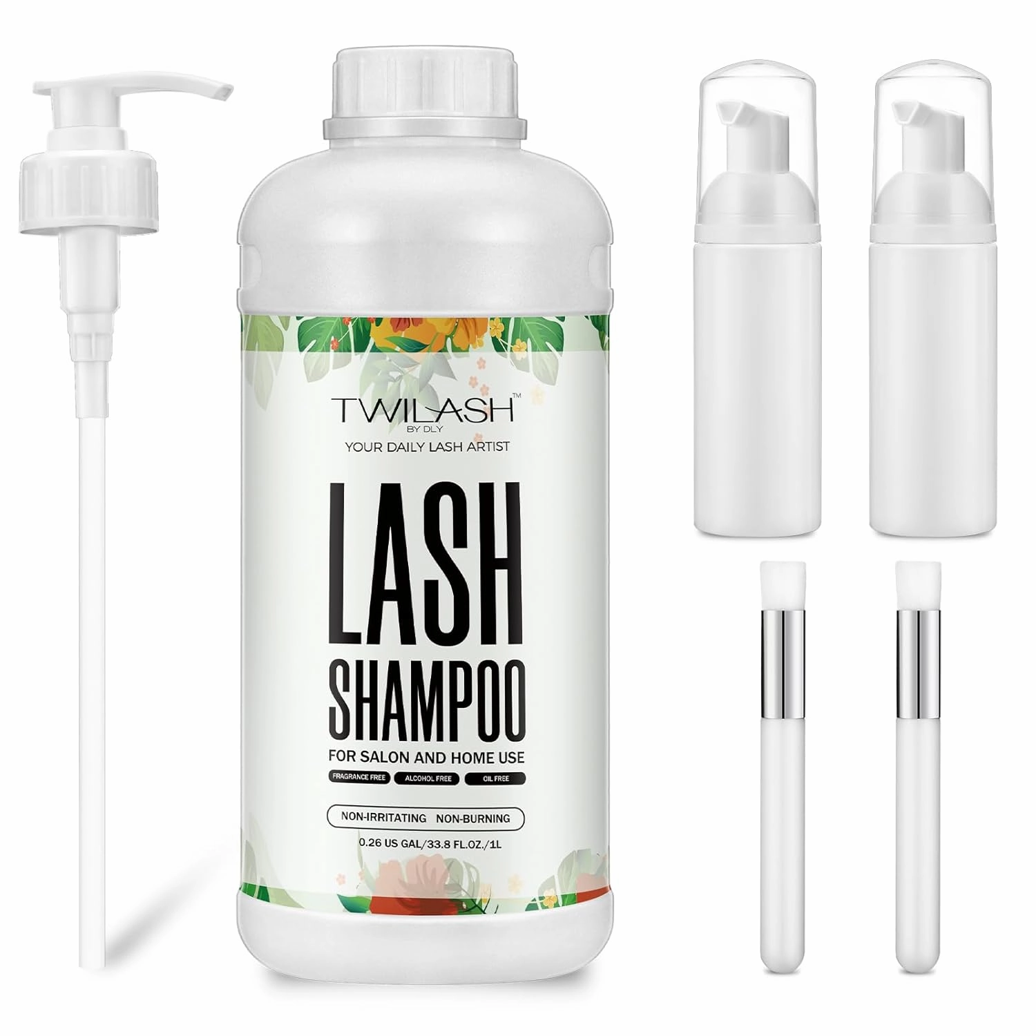 Lash Shampoo Bulk, Eyelash Cleanser for Extensions 1 Liter - 2 Foam Pump Bottles, 2 Lash Cleansing Brushes, Dispenser Pump - Eyelid Foaming Cleanser for Professional Salon and Home Use