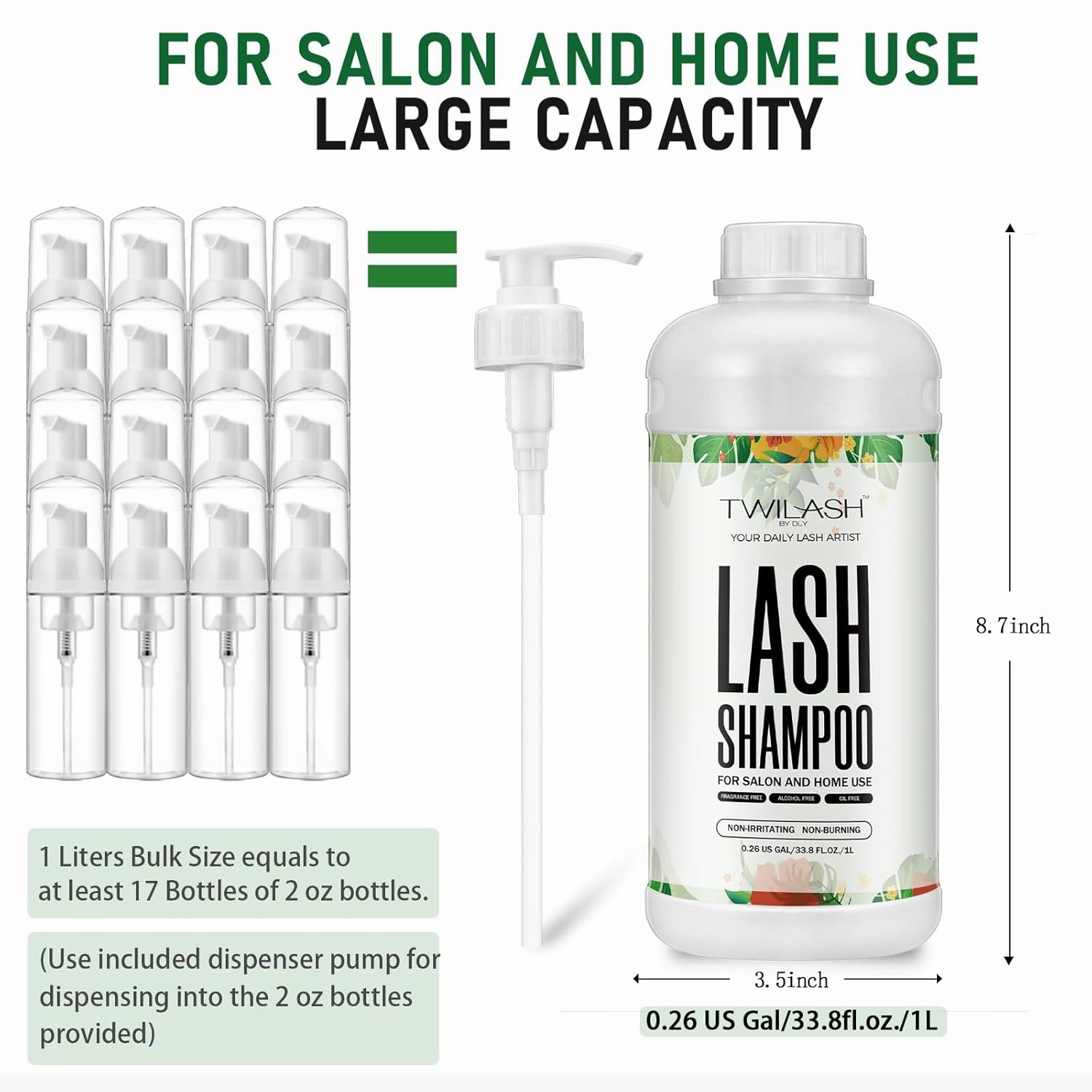 Lash Shampoo Bulk, Eyelash Cleanser for Extensions 1 Liter - 2 Foam Pump Bottles, 2 Lash Cleansing Brushes, Dispenser Pump - Eyelid Foaming Cleanser for Professional Salon and Home Use