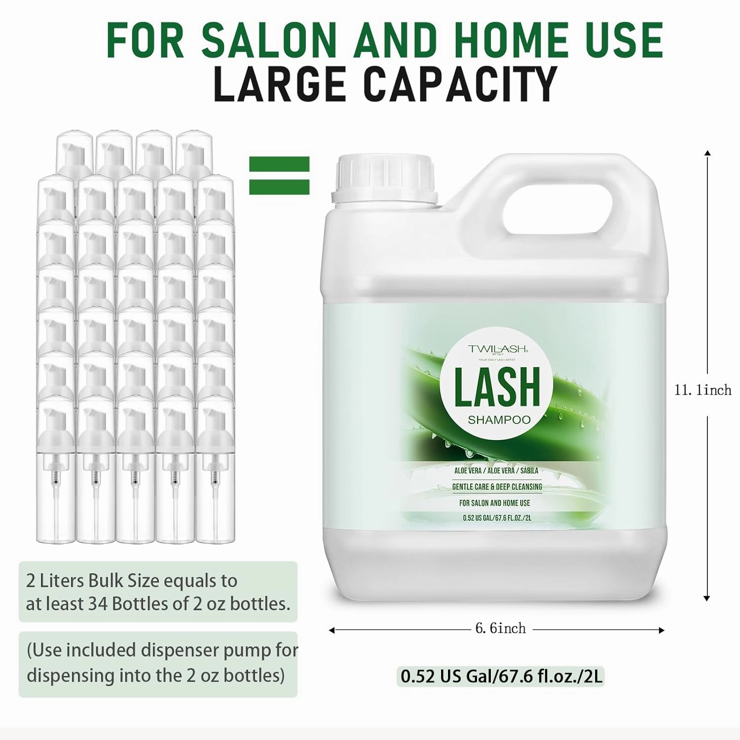 Lash Shampoo Bulk, Eyelash Cleanser for Extensions 2 Liters, Dispenser Pump, Non-irritating or Burning Eyelid Foaming Cleanser for Professional Salon and Home Use (Aloe Vera-2L)