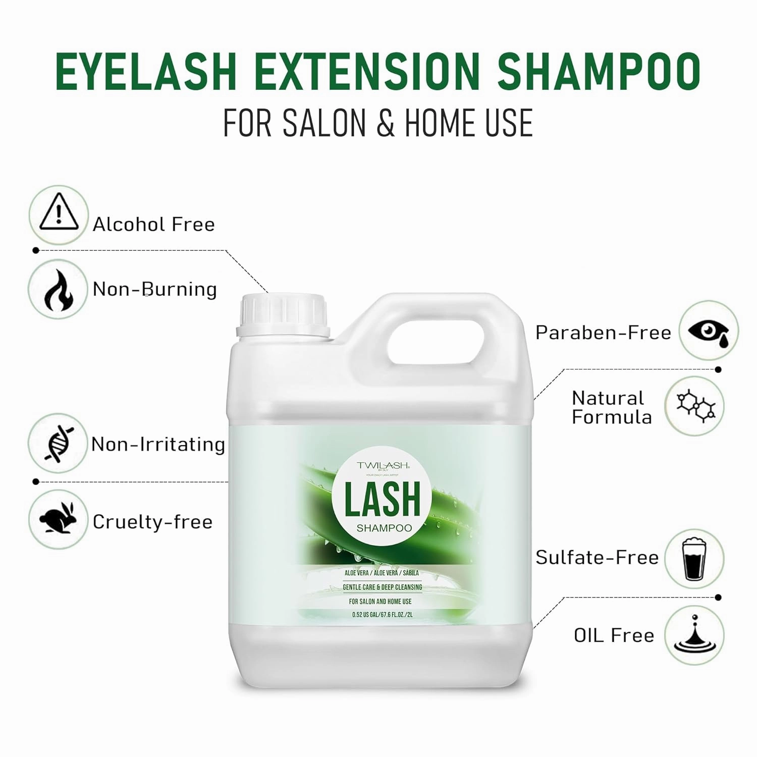Lash Shampoo Bulk, Eyelash Cleanser for Extensions 2 Liters, Dispenser Pump, Non-irritating or Burning Eyelid Foaming Cleanser for Professional Salon and Home Use (Aloe Vera-2L)