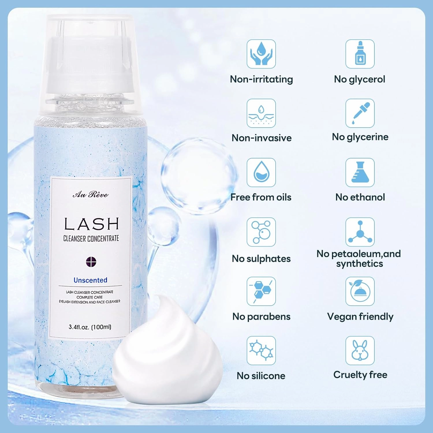 Lash Shampoo Concentrate 100ml Lash Extension Cleanser Oil-Free Eyelash Extension Shampoo with Salon Home Care -Makes 20 Bottles 60ml Lash Shampoo,Unscented