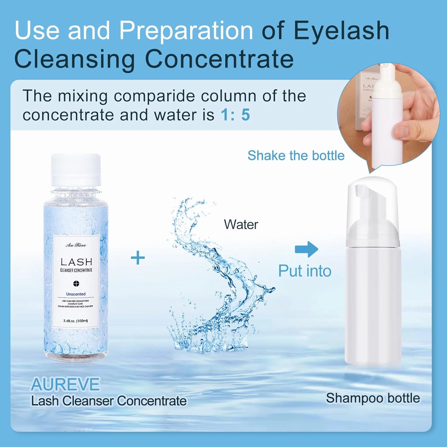 Lash Shampoo Concentrate 100ml Lash Extension Cleanser Oil-Free Eyelash Extension Shampoo with Salon Home Care -Makes 20 Bottles 60ml Lash Shampoo,Unscented