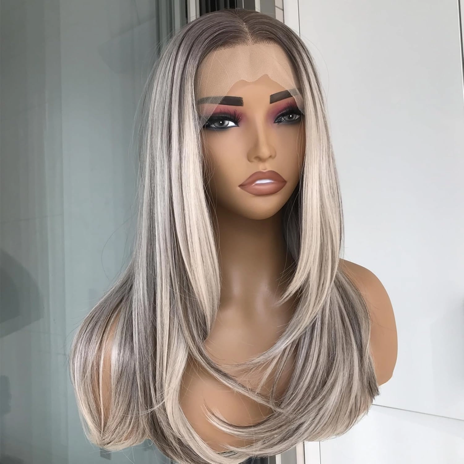 Layered Straight Synthetic Lace Front Wig for Women Ash Blonde Highlights 13x4 Lace Front Glueless Wig Butterfly Cut Natural Looking Wig Daily Part Use 20 Inch
