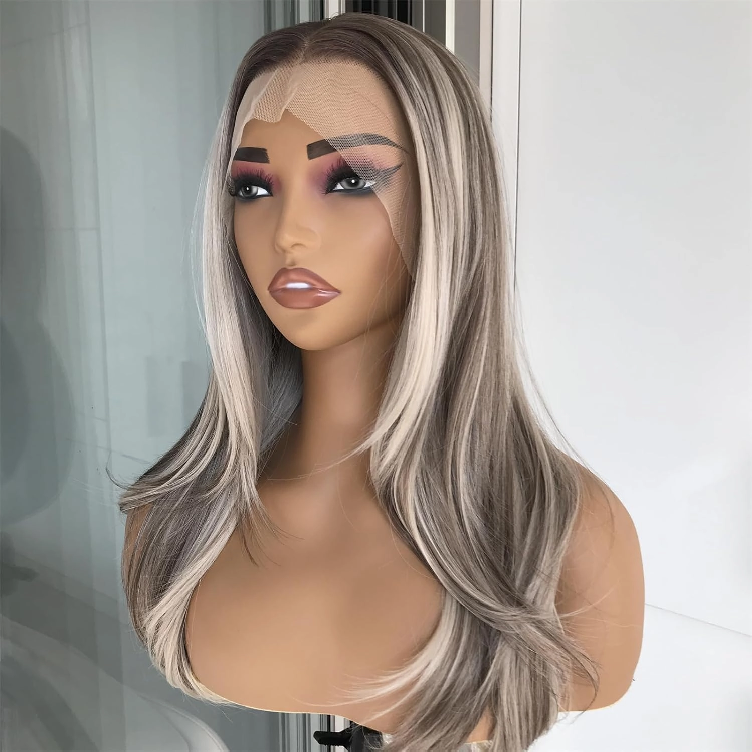 Layered Straight Synthetic Lace Front Wig for Women Ash Blonde Highlights 13x4 Lace Front Glueless Wig Butterfly Cut Natural Looking Wig Daily Part Use 20 Inch