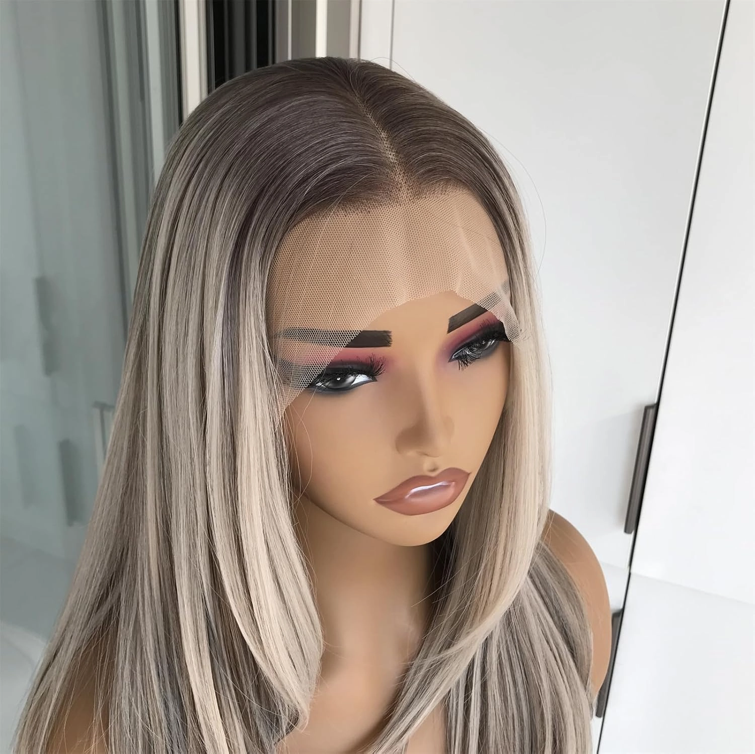 Layered Straight Synthetic Lace Front Wig for Women Ash Blonde Highlights 13x4 Lace Front Glueless Wig Butterfly Cut Natural Looking Wig Daily Part Use 20 Inch