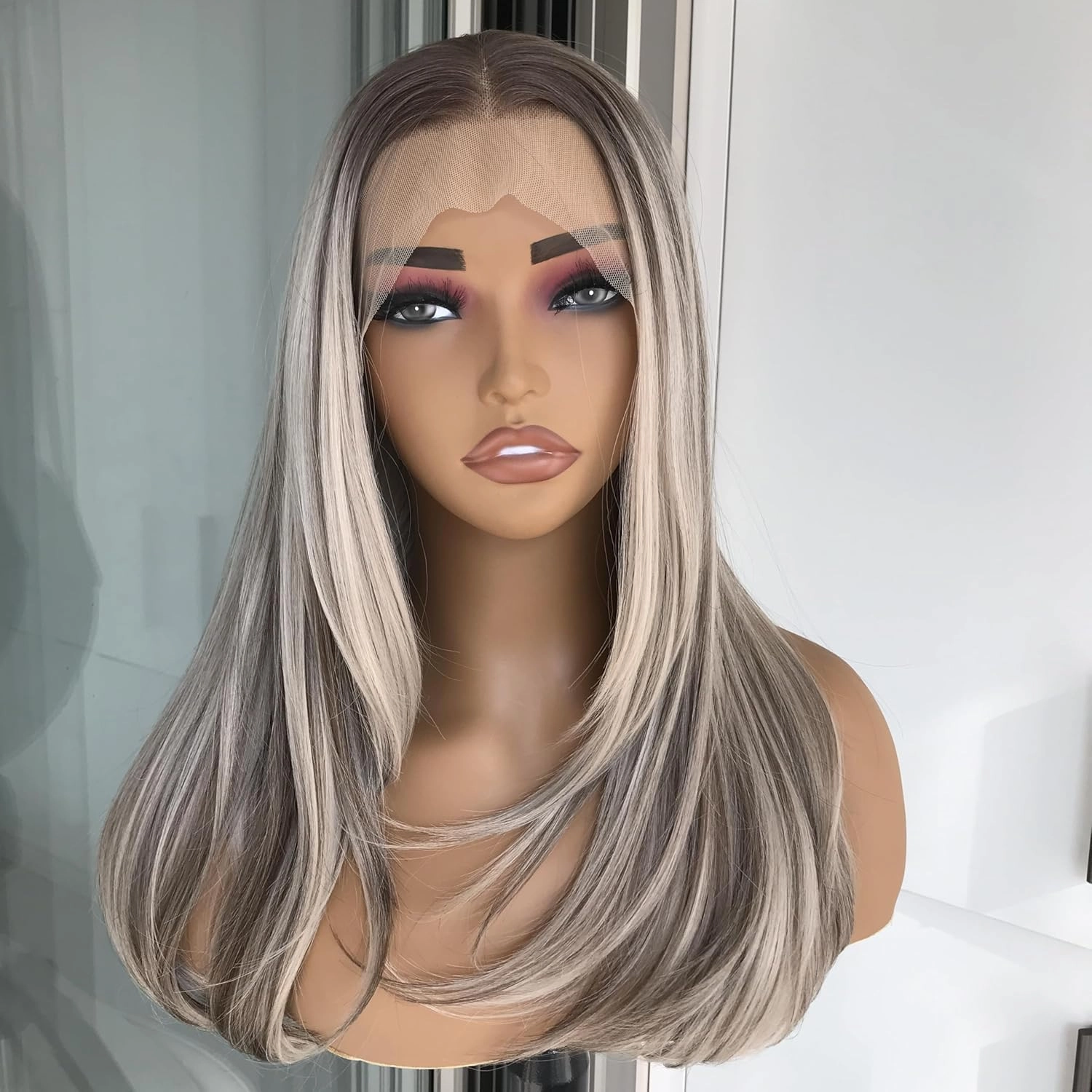 Layered Straight Synthetic Lace Front Wig for Women Ash Blonde Highlights 13x4 Lace Front Glueless Wig Butterfly Cut Natural Looking Wig Daily Part Use 20 Inch