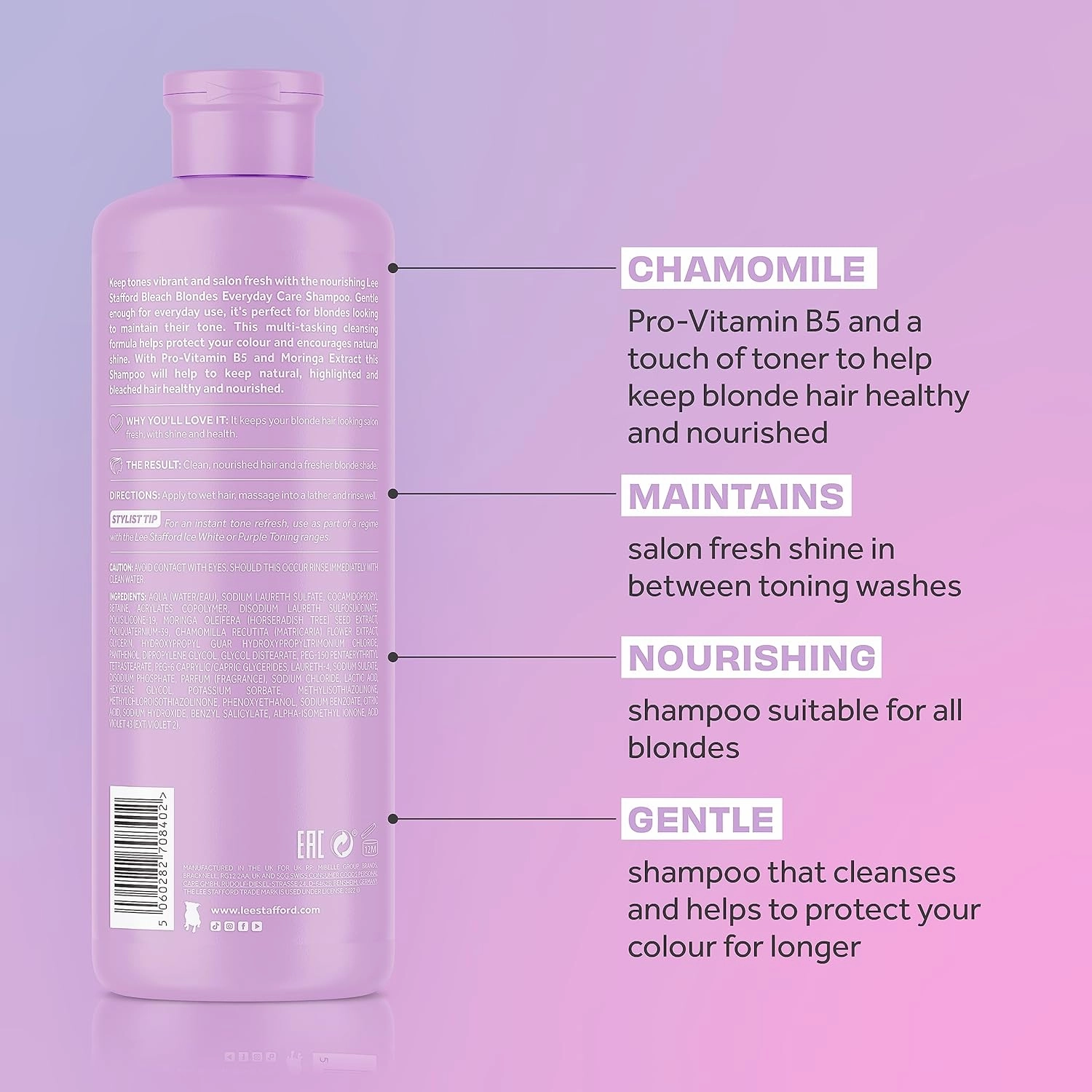 Lee Stafford Daily Blonde Shampoo | Bleach Blondes Everyday Care Cleanser - Best to Neutralizes Yellow Tones, Brightens & Refreshes for a Lighter Blonde, Hydrate Dry, Damaged Hair, 16.7 Fl Oz