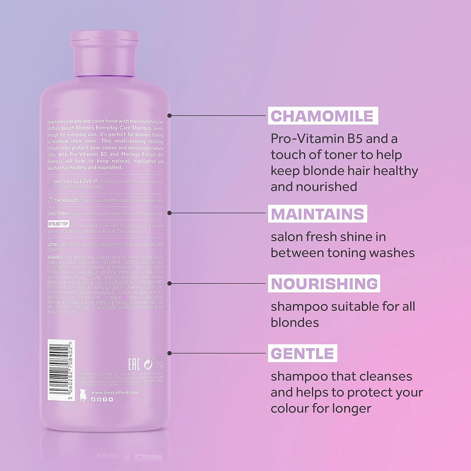 Lee Stafford Daily Blonde Shampoo | Bleach Blondes Everyday Care Cleanser - Best to Neutralizes Yellow Tones, Brightens & Refreshes for a Lighter Blonde, Hydrate Dry, Damaged Hair, 16.7 Fl Oz