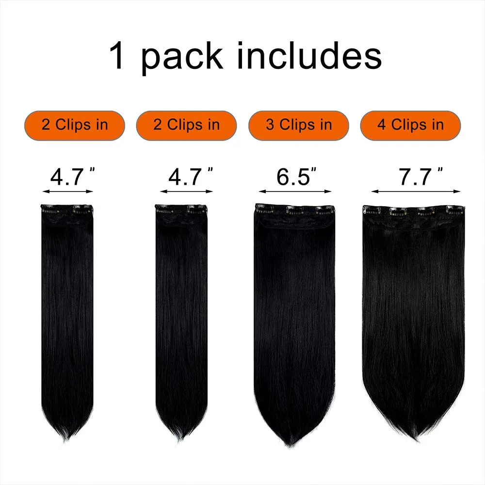 LELINTA 24" Straight Long 4 PCS Set Thick Clip in on Synthetic Hair Extensions Hairpieces for Women Dark Black
