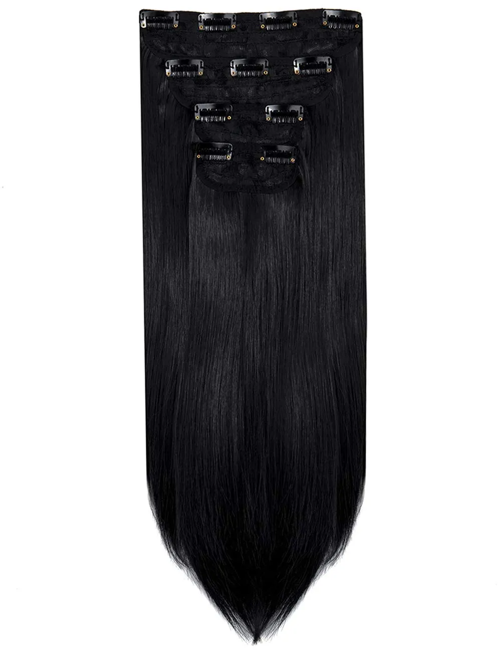 LELINTA 24" Straight Long 4 PCS Set Thick Clip in on Synthetic Hair Extensions Hairpieces for Women Dark Black