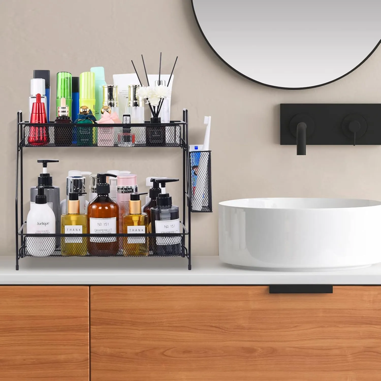 LEMIKKLE Large Countertop Organizer for Bathroom Counter, Bathroom Organizers and Storage, Under Sink Organizer Spice Rack Organizer for Kitchen with Basket(Black)